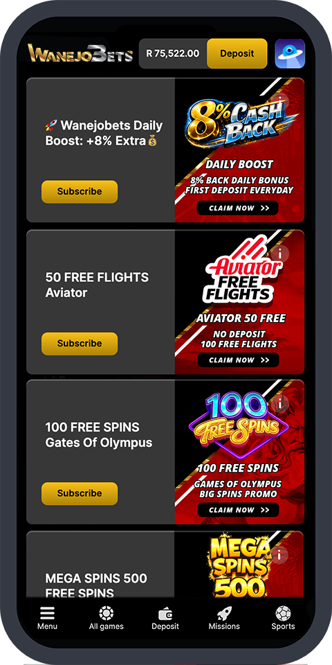 Wanejo Bets promotions home screen